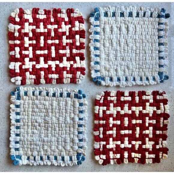 Handwoven Cotton Pot Holders Set Of 5 - Multicolor Large & Red/White/Blue Small - Picture 4 of 13